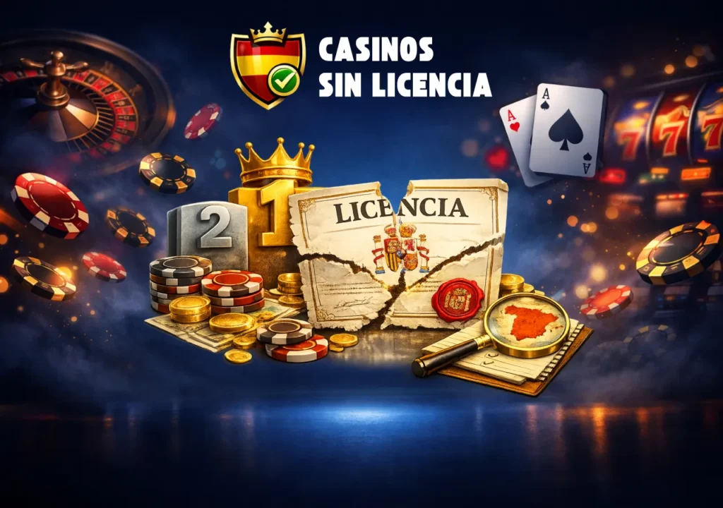 Casas de apuestas sin licencia en España con documento roto, fichas, ruleta y símbolos de regulación.